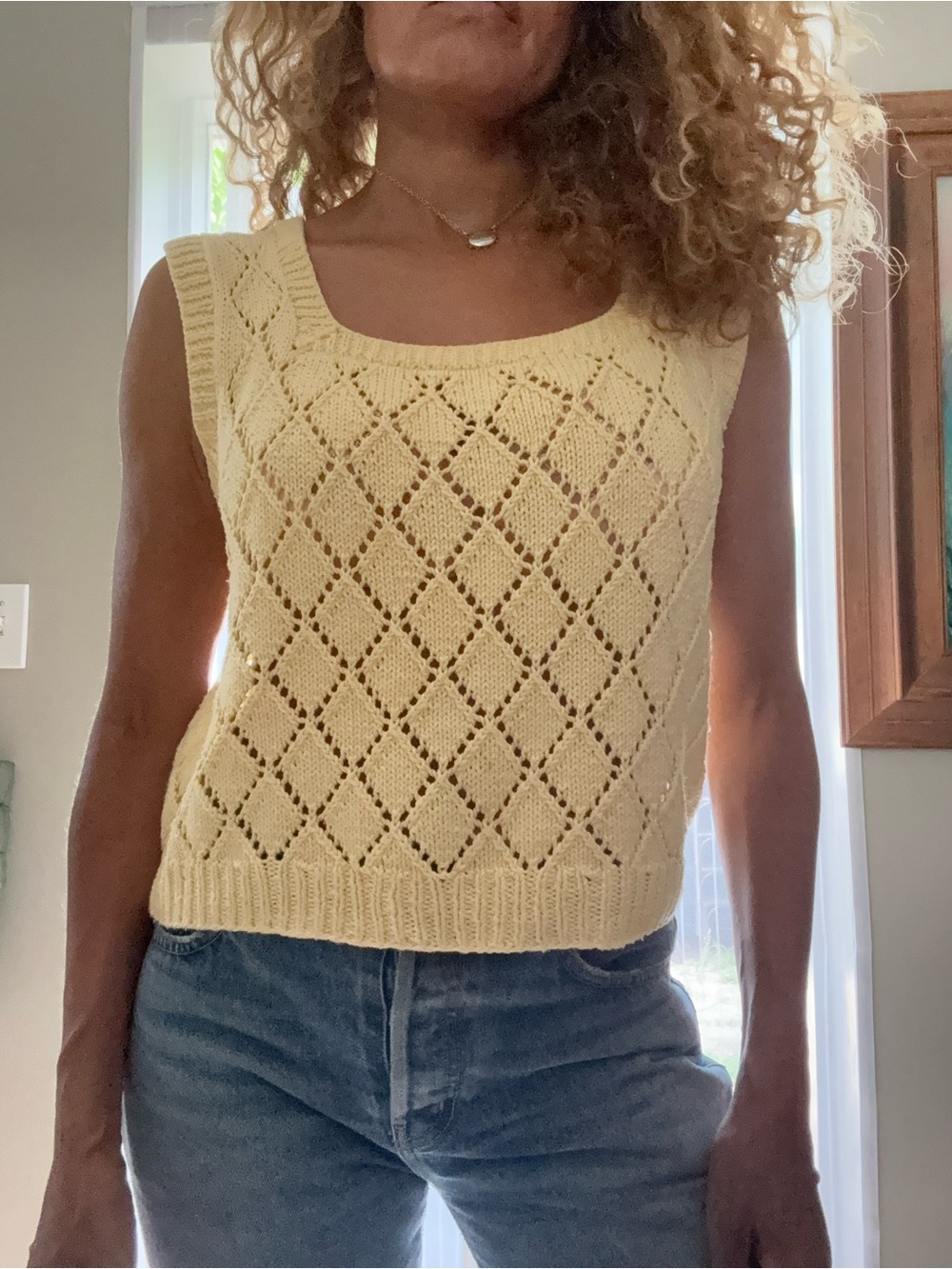 Women's Sleeveless Knit Diamond Tank Top - butter yellow large